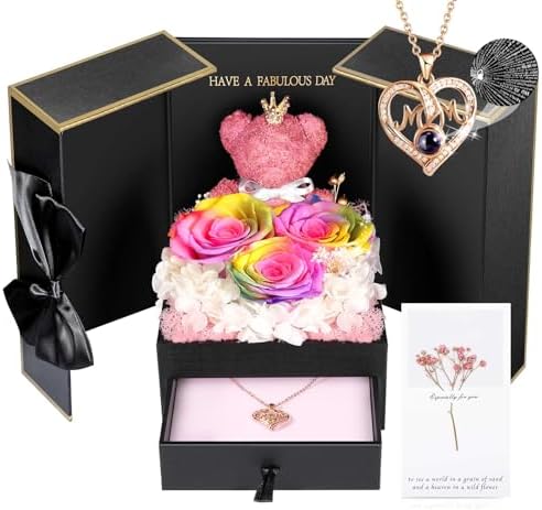 ADDWel Unique Gifts for Mom from Daughter Son, Rainbow Preserved Rose Gift Box with MOM Necklace, I Love You Necklace in 100 Languages, Birthday Mother’s Day Gifts for Mom