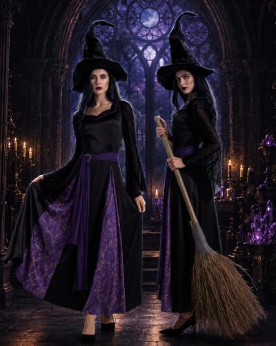 Women’s Witch Costume, Halloween Dress Outfit with Witch Hat and Belt S-2XL