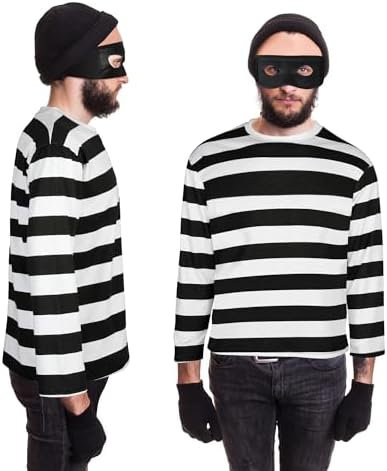 QZYL 12 PCS Robber Costume, Unisex Thief Cosplay Set T-Shirt Beanie Cap Gloves Eye Masks Money Bags for Halloween Costume