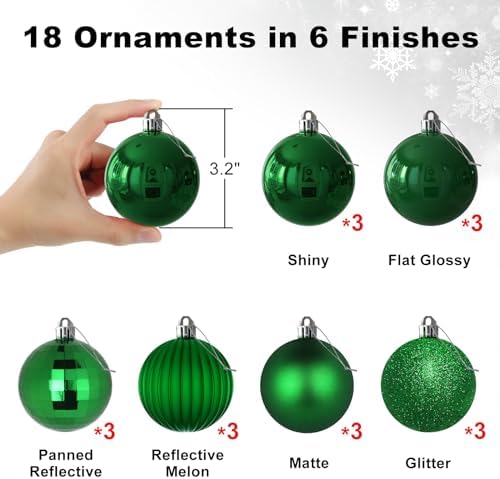 Emerald Green 3.2" Large Christmas Balls - Christmas Tree Decoration Ornaments Shatterproof Hanging Balls for Birthday St. Patrick's Day Easter Mardi Gras Holiday Wedding Decorations Set of 18pcs