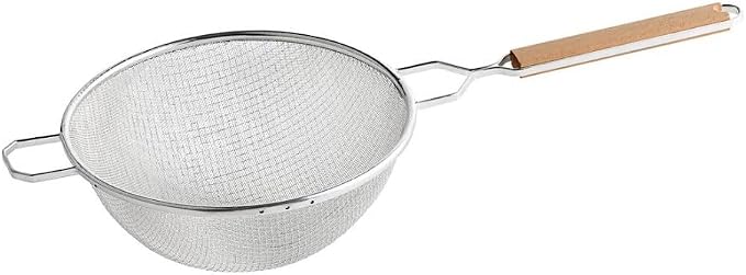 Soro Essentials- 10.25" Double Tinned Fine Mesh Strainer with Pan Hook Wooden Handle- Food Sieve Strainer Kitchen Mesh Strainer Utensil for Cooking Rice Quinoa Pasta Fruits Vegetable Home Kitchen -