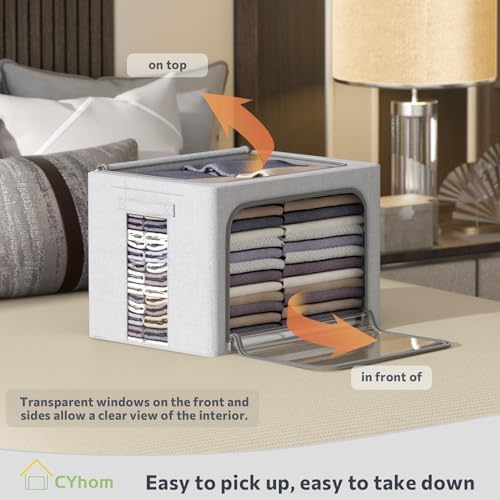 Clothes Storage Bins with Metal Frame, Clear Window, 66L, Light Grey,2-Pack
