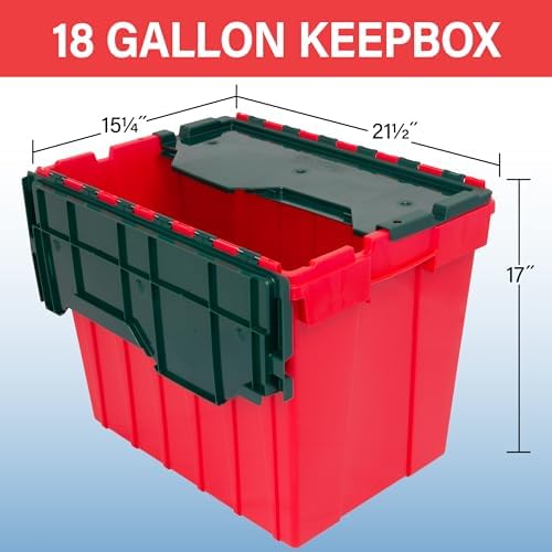 Akro-Mils 66497RDGRN 18 Gallon Plastic Stackable Storage KeepBox Tote Container with Hinged Attached Lid, 21-Inch L x 15-Inch W x 17-Inch H, Red/Green