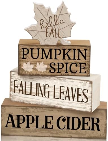 Moucuny 4 Pcs Neutral Fall Table Decor for Home Maple Leaf Wooden Blocks
