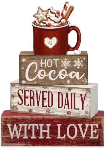 Moucuny 4 Pcs Christmas Table Decor, Hot Cocoa Wood Block Sign Home Kitchen