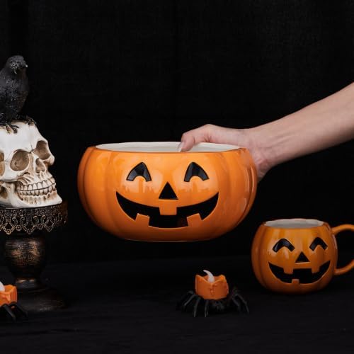 Bico Halloween Pumpkin Ceramic Candy Bowl, 8.8 inch Jack O Lantern Bowl