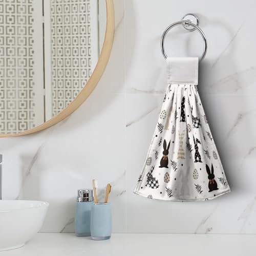 Easter Kitchen Hanging Towels Black and White Bunny Easter Hand Towel with Hanging Loops Spring Rabbit Eggs Holiday Dish Tie Towel Soft Absorbent Fingertip Bath Towel for Bathroom