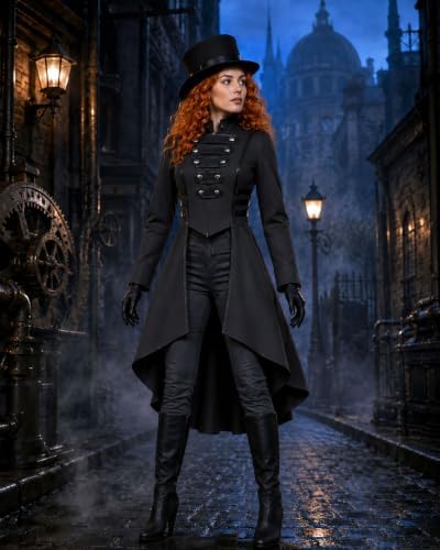 AI'MOURI Gothic Tailcoat Halloween Costumes for Women, Medieval Irregular Hem Steampunk Corset Victorian Tailcoat Jacket