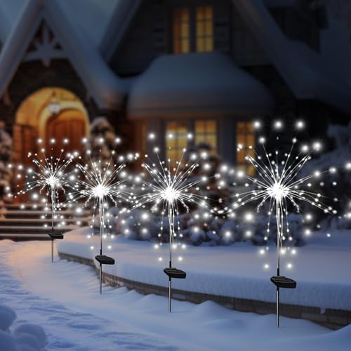 Solar Garden Firework Lights Outdoor Waterproof, 4 Pack Solar Powered Art Stake Twinkle Lighting for Outside Decor, 120 LED Sparklers String Lights for Yard Pathway Christmas Decorations(White)