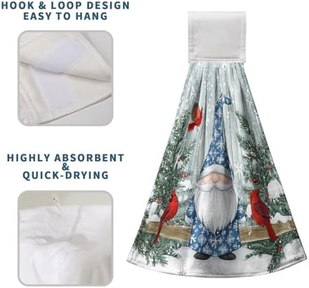 Winter Gnome Kitchen Hanging Towels Set of 2 Xmas Snowflake Pine Tree Cardinal Hand Towels with Hanging Loops Tea Bar Dish Cloths Dry Towel Soft Absorbent Bath Tie Towel for Bathroom