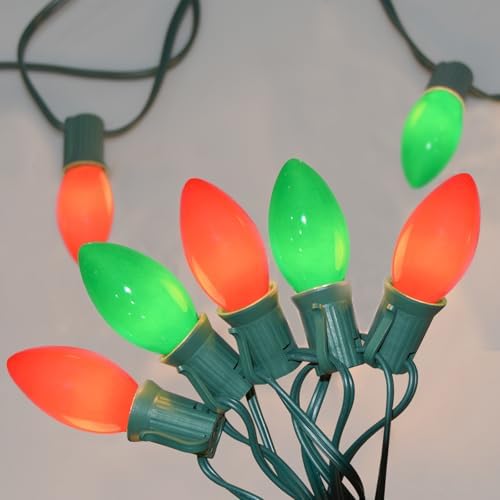SUNSGNE C9 Red and Green Christmas Lights, 25FT Glass Ceramics Christmas Tree Lights with 26 7W Red White Glass Bulbs(1 Spare) for Backyard Patio Balcony Xmas Decor, Green Wire