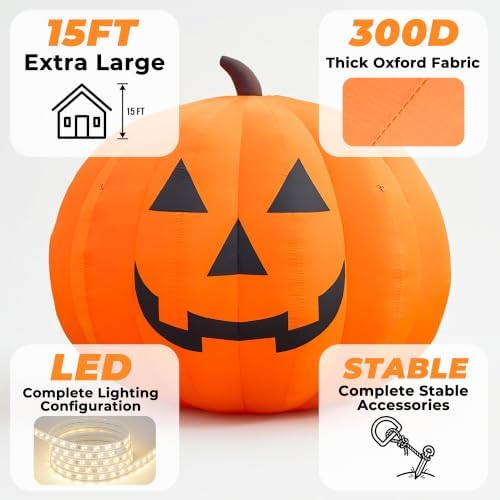 Giant 15Ft Halloween Inflatables Pumpkin Decorations, Blow Up Yard Decorations with 550W Waterproof Air Blower & LED Lights for Commercial Use, Outdoor Yard Lawn Halloween Party