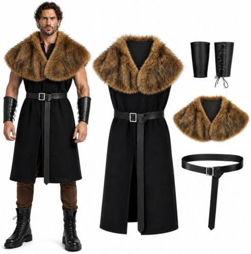 Adult Viking Costume for Men with Renaissance Tunic and Faux Fur Shawl