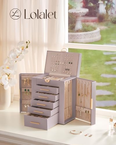 Lolalet Large Jewelry Box, 6-Layer Jewelry Organizer with 5 Drawers -Purple
