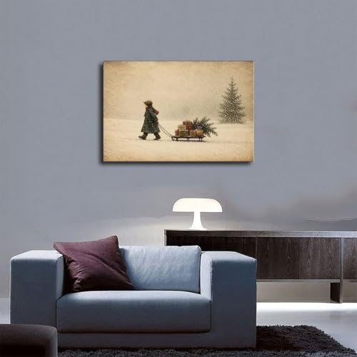 Vintage Child Sled Wrapped Boxes Evergreen Snow Christmas Canvas Wall Art