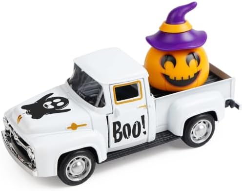 White Halloween Truck Decor, Pumpkin Pickup for Farmhouse Tabletop