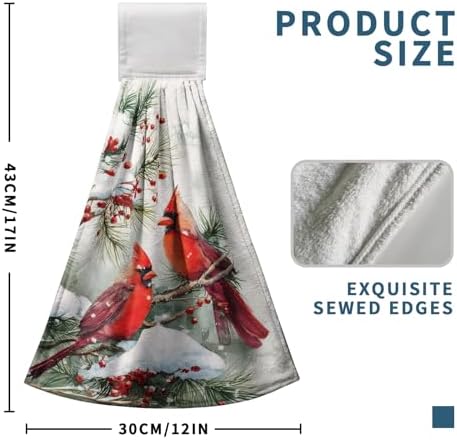Winter Red Birds Kitchen Towels with Hanging Loop Cardinal Snow Pine Holly Christmas Hand Tie Towels Fast Drying Dish Washcloth Soft Absorbent Fingertip Bath Towel for Bathroom Decor Set of 2