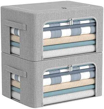 Clothes Storage Bins with Metal Frame, Clear Window, 22L, Light Grey,2-Pack