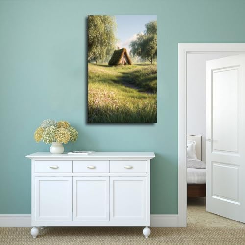 JDBeehpy Thatched Cottage Wildflower Meadow Framed Wall Art 20x30inch