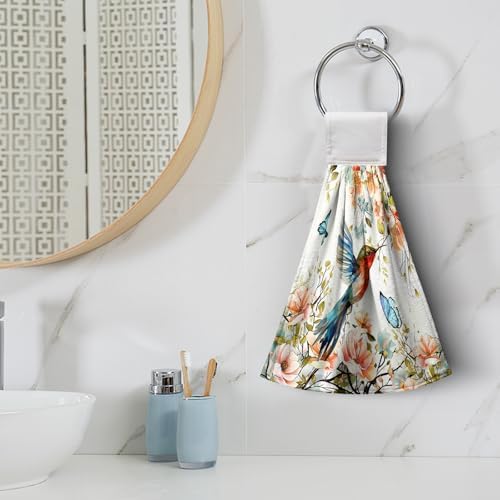 Floral Birds Hand Towels with Hanging Loops Garden Watercolor Floral Hummingbird Butterfly Hanging Kitchen Towels Set of 2 Spring Summer Soft Absorbent Bath Tie Towel Oven Stove Dish Washcloths