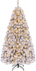 HAPPYGRILL 6FT Pre-Lit Christmas Tree Premium PVC Needles, 600 Branch Tips Flocked Snow Hinged Pine Tree with Solid Metal Stand 250 LED Lights Ideal for Holiday Decoration