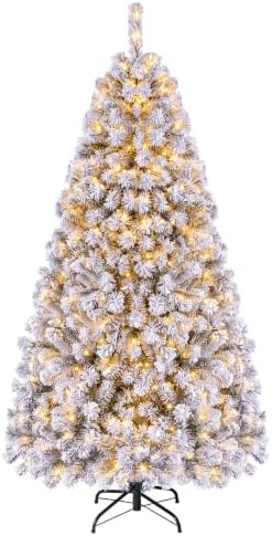 HAPPYGRILL 6FT Pre-Lit Christmas Tree Premium PVC Needles, 600 Branch Tips Flocked Snow Hinged Pine Tree with Solid Metal Stand 250 LED Lights Ideal for Holiday Decoration