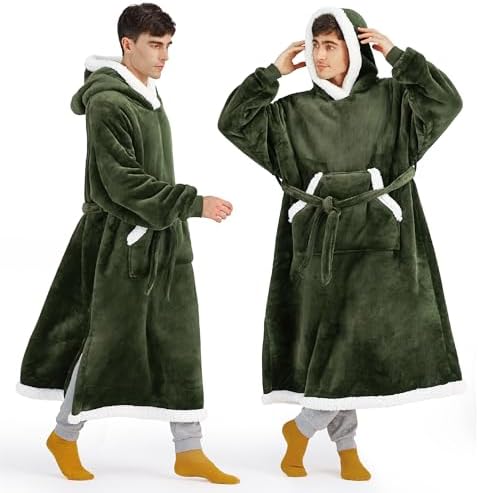 Bedsure Wearable Blanket Hoodie, Long Hooded Blanket Sweatshirt as Christmas Birthday Gifts for Men, Cozy Sherpa Hoodie for Adult, Oversize, Olive Green
