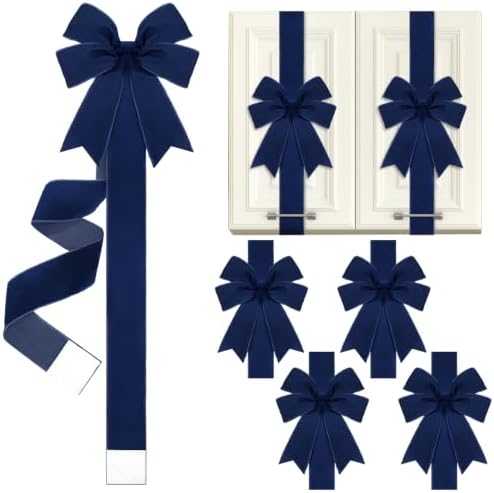 Daifunli 4 Pcs Navy Blue Christmas Velvet Cabinet Bows Ribbons for Kitchen