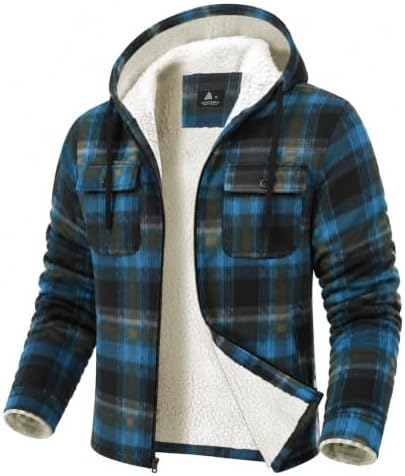 GEEK LIGHTING Men's Flannel Shirts Jacket Sherpa Lined Plaid Zipper Hoodie
