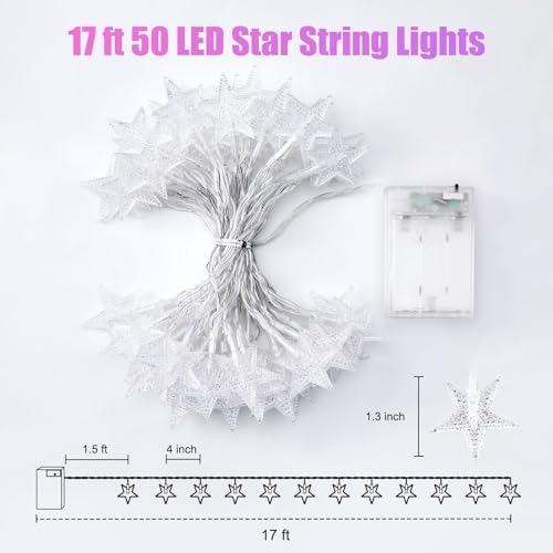 Minetom Star String Lights Battery Operated - 17 ft 50 LED Star Fairy String Lights with Timer, Waterproof for Indoor Bedroom Tent Loft Bed Patio Party Wedding Decor, Multi-Color