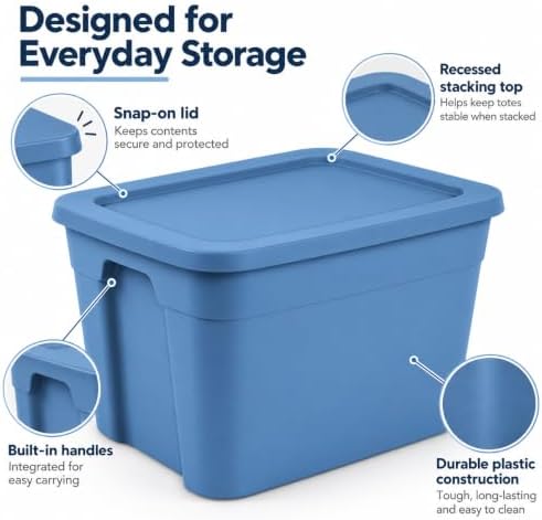 4-Pack 18 Gallon Tote, Stackable Storage Bin with Snap-on Lid, Blue