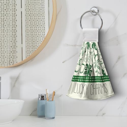 St Patrick's Day Shamrocks Hanging Hand Towels Set of 2 Lucky Charm Green Clover Kitchen Towel with Hanging Loop Seasonal Spring Fingertip Bath Towels Soft Absorbent Dish Tie Towel