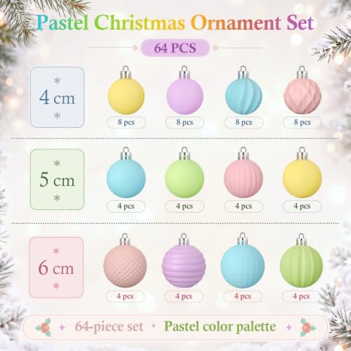Lunmon 64 Pcs Pastel Christmas Ball Ornaments Macaron Candy Land Xmas Bulbs