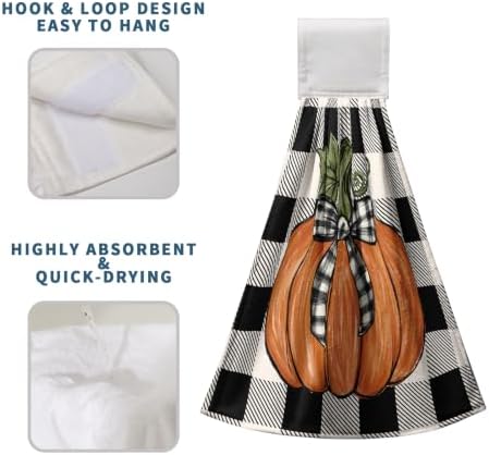 Pumpkin Plaid Bow Kitchen Hanging Towel Set of 2 Black White Buffalo Check Maple Leaves Hand Towels with Hanging Loops Thanksgiving Oven Stove Dish Washcloth Soft Absorbent Bath Tie Towel