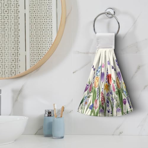 Tulip Kitchen Towels with Loops Spring Floral Tulips Lavender Hanging Hand Towel Set of 2 Summer Flower Butterfly Dish Towels Washcloths Super Absorbent Soft Hang Towel Bath Tie Towel