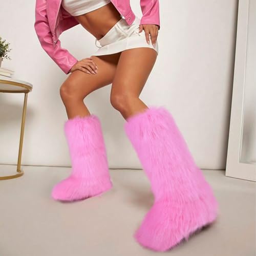 CELNEPHO Faux Fur Boots Knee High Furry Boots Fuzzy Winter Snow Shoes Flats