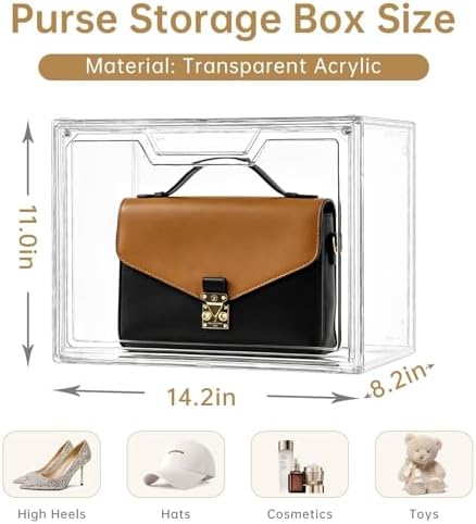 Purse Organizer for Closet,Clear Acrylic Display Case for Handbag Organizer, Purse Storage Box with Magnetic Door, Plastic Storage Bins for Book, Collectibles, Cosmetic (5 Pack)