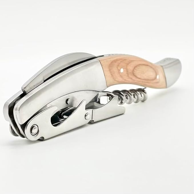 Solid Oak & Stainless Steel Wine Opener With Two Step Cork Pull Lever, Five Spiral Worm and Serrated Knife, Heavy Weighted Feel and Quality Construction. The Superior Waiter's Corkscrew.
