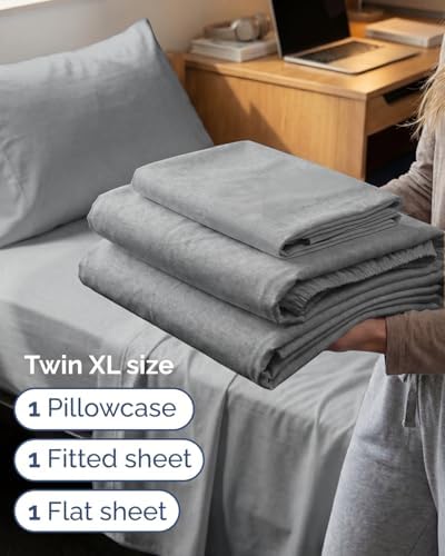 Twin XL Size 3 Piece Sheet Set - Breathable & Cooling - Heathered Grey
