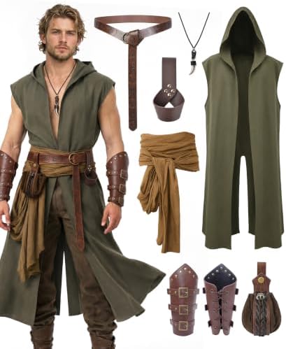 NTYNTY 8 Pcs Mens Renaissance Costume Set Medieval Outfit with Hooded Surcoat Belt Pouch Bracers for Halloween LARP Ren Faire