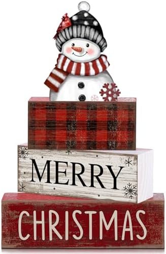 Lineshading 4 Pcs Christmas Table Decoration Wooden Snowman Decor Christmas Tiered Tray Decor Red Buffalo Plaid Block Signs Snowman Table Centerpiece Farmhouse Winter Decoration for Home Kitchen Shelf