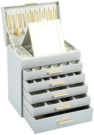 BOOVO Jewelry Boxes for Women, White and Black 6 Layer Large Jewelry Box for Necklace, Bracelet, Earrings, Rings Storage, Jewelry holder Organizer for Girls Gift (Grey and Gold, 6 layer)