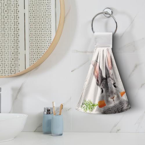 Easter Bunny Hanging Kitchen Towels Spring Easter Grey Rabbit Hand Towels with Hanging Loops Super Absorbent Soft Kitchen Tie Towel Fast Drying Bath Hand Towel for Bathroom Kitchen Set of 2