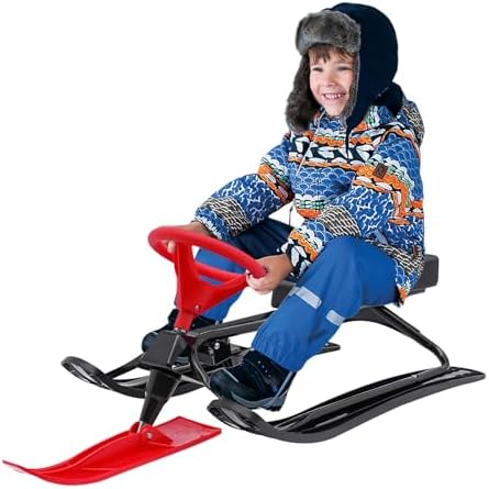 Snow Racer Sled with Steering Wheel, Ski Sled Slider Board with Twin Brakes and Pull Rope, Snow Bike Sled for Kids Age 4 and Up, Outdoor Winter Toboggan with Iron Frame, 165 Lbs Weight Capacity