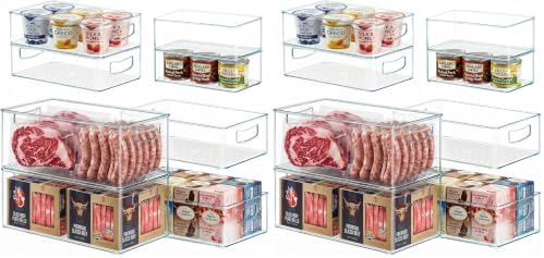 Heyuzb 16 PACK Freezer Organizer Bins Fridge Organizers and Storage Stackable Refrigerator Organizers Bins with Side Handles Clear Storage Bins for Pantry, Under Sink, Kitchen Cabinet