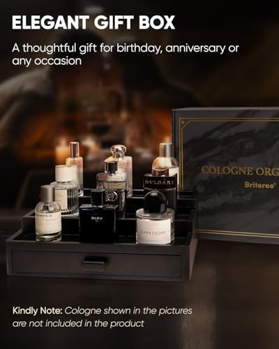 Cologne Organizer for Men, 3 Tier Wooden Cologne Stand with Drawer Storage and Hidden Compartment, Perfume Display Holder for Dresser, Great Gifts for Him Dad Fathers Day, Black