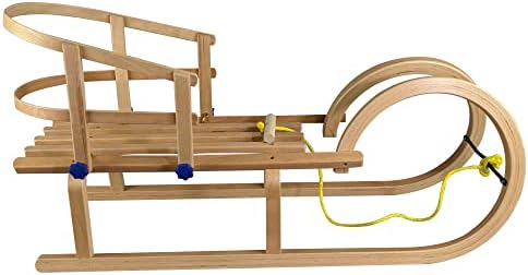 Vispronet Decorative Wooden Sled with Round Horns – Solid Wood Seat with Backrest and Water-Based Protective Lacquer – Frame Made from Laminated Beech Wood – Holds Up to 165lbs