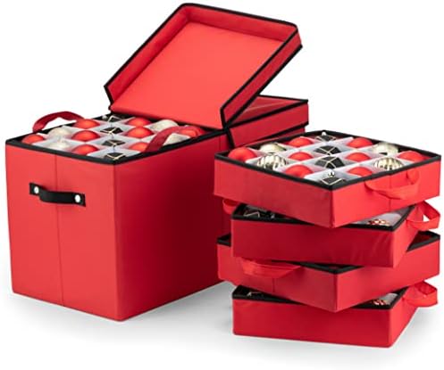 ZOBER Christmas Ornament Storage Box - Stores 128 3" Ornaments with Individual Trays - Tear Proof 600D Oxford Fabric - ornament organizer storage box, Durable Christmas Containers Holder - Red
