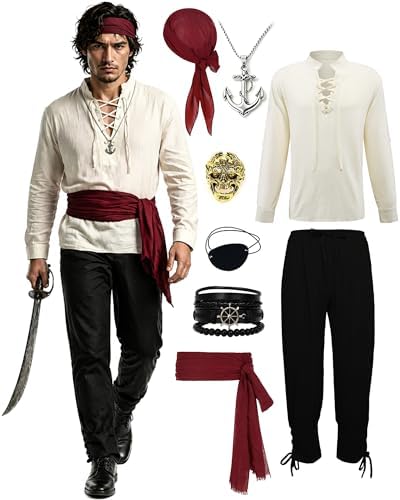 Men’s Pirate Costume Set, 8-Piece Renaissance Medieval Outfit Accessories