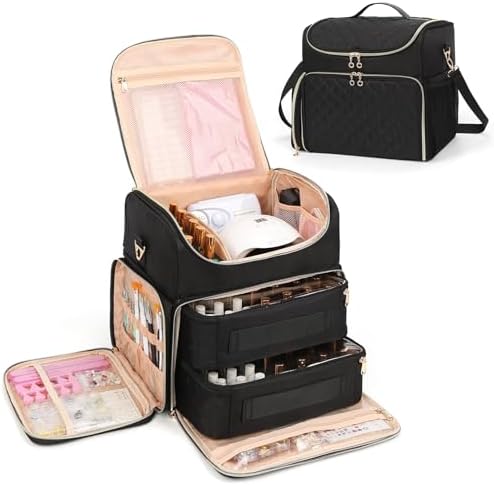 Extra Large Nail Polish Organizer Case Holds 86 to 100+ Bottles Organizer & Nail Lamp, Supply Storage Carrying Bag with 2 Removeable Pouches, Portable Nail Tech Travel Box (Black, 86 Slots)
